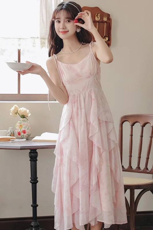 Pink Suspender Holiday Dress Ruffle Fairy Seaside Vacation Dress YM2327