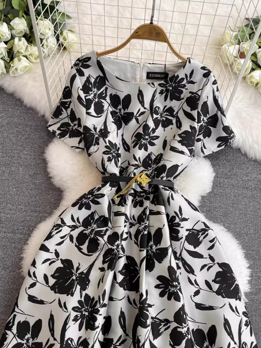 Retro round neck short sleeve printed dress YM1426