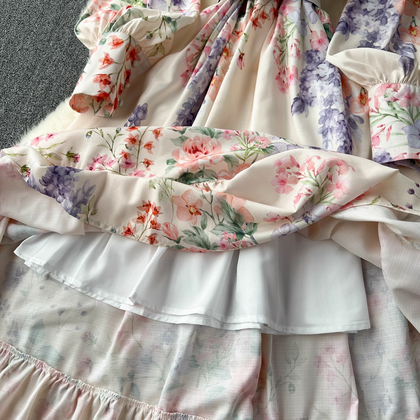 Retro elegant lantern long-sleeved waist printed dress YM1104
