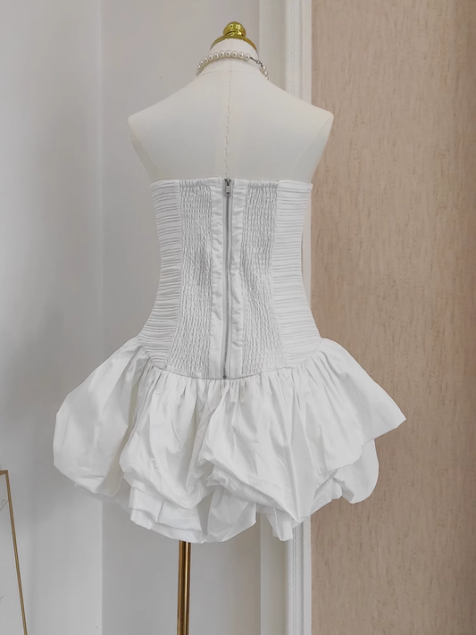 Elegant White Printed Floral Strapless Mini Party Dress Birthday Outfits YM2101