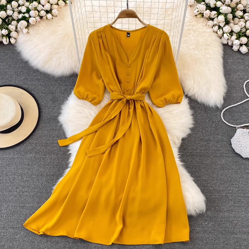 chic retro solid color ruffled mid-length square neck dress ,YM210