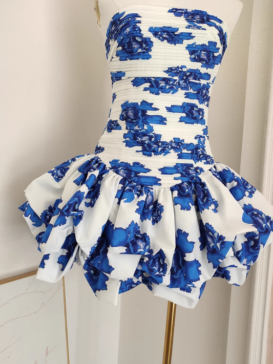 Blue Printed Floral Strapless Mini Party Dress Birthday Outfits YM2100