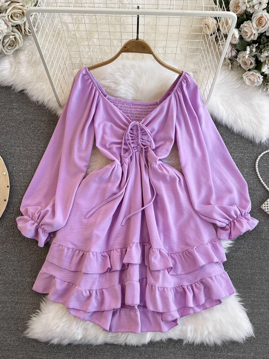 Lantern long-sleeved V-neck mid-length a-line dress YM905