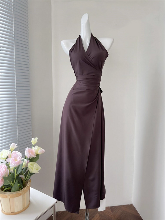 Retro Coffee Color V-neck Halter Dress New Style Waist Slimming Slit Backless Long Holiday Dress YM2321