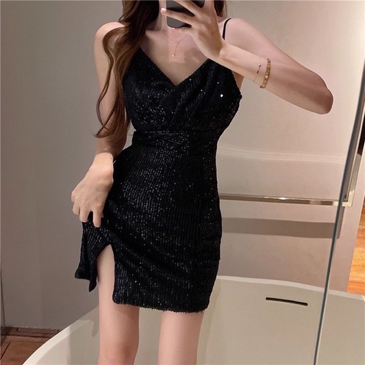 Sparkly Black Straps Slit Short Birthday Dress Party Dress YM2188