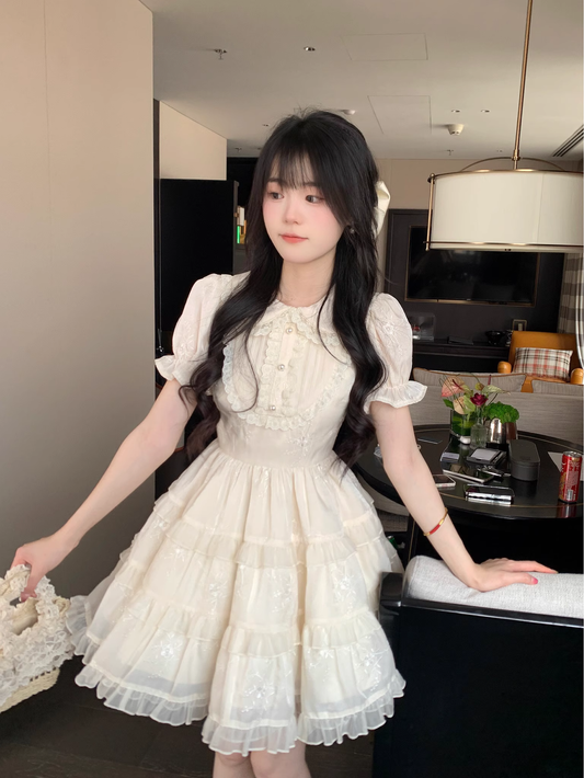 Sweet Apricot And Age-Reducing Doll Collar Pearl Lace Cake Dress Princess Dress YM2030