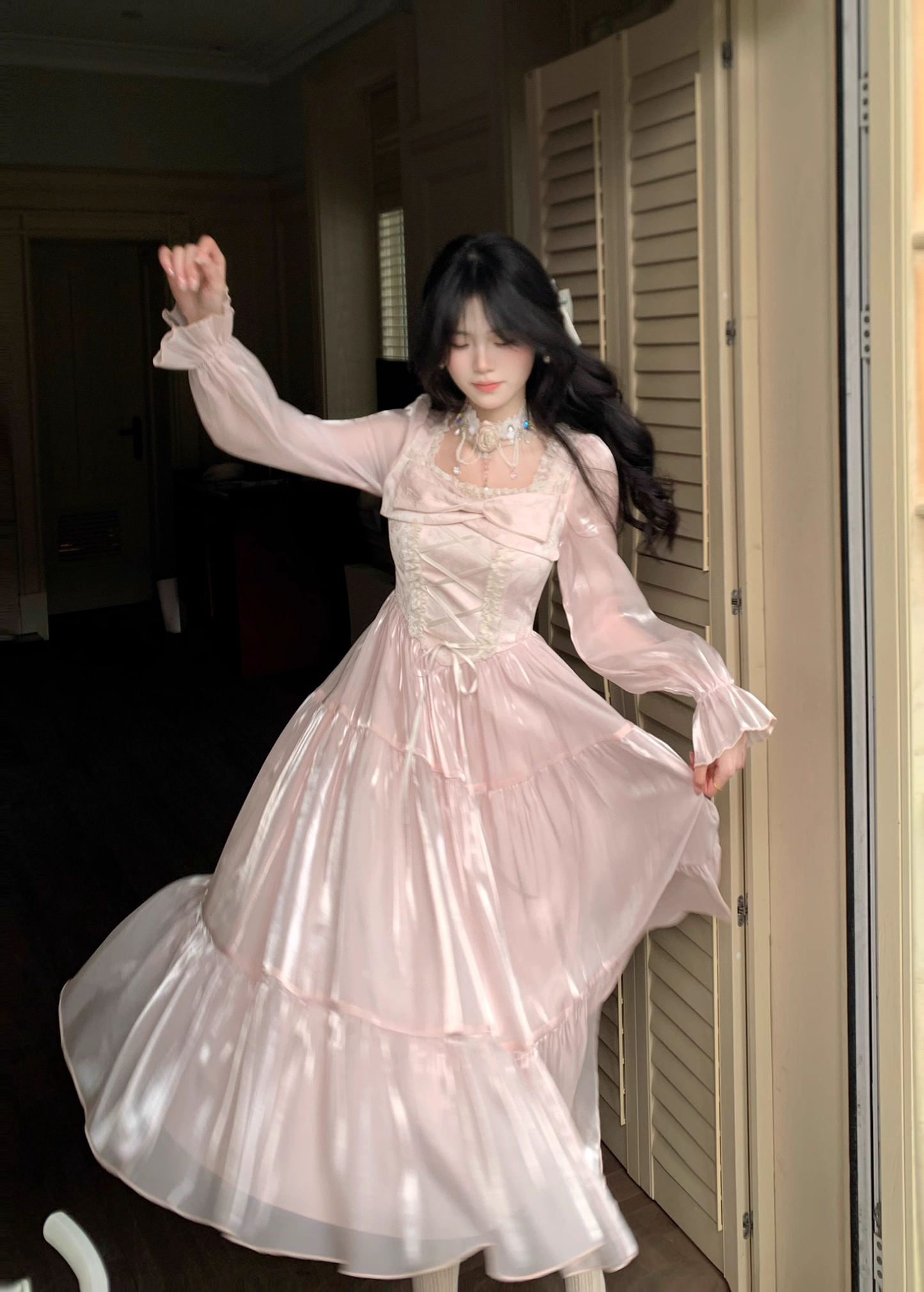 Pink French Square Neck Long Dress Fairy Glossy Party Dress Prom Dress YM2027