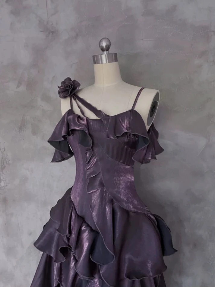 Irregular Ruffled Suspender Prom Dress Dark Purple Long Birthday Dress YM1629