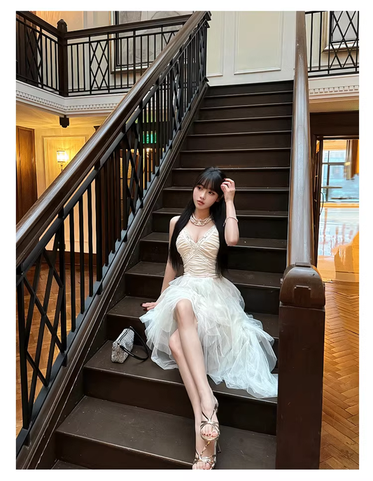 French Prom Dress White Birthday Tulle Trailing Princess Party Dress YM1634