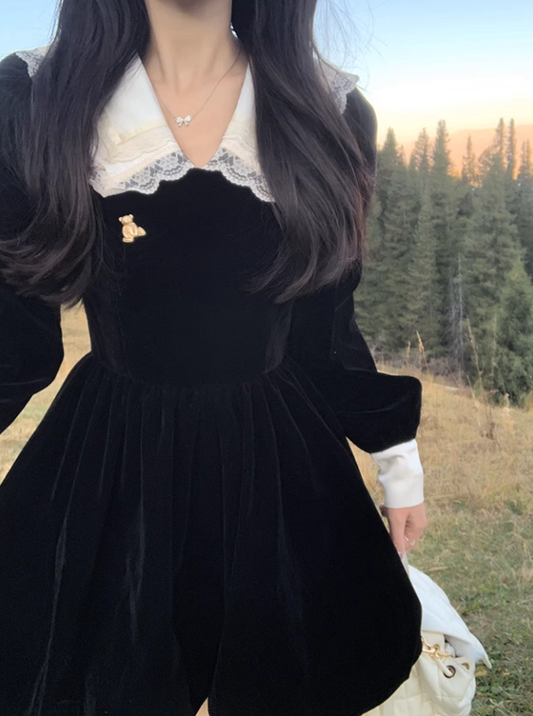 Long Sleeve Velvet Waist Slim Dress For Women Black Princess Mini Dress YM1743