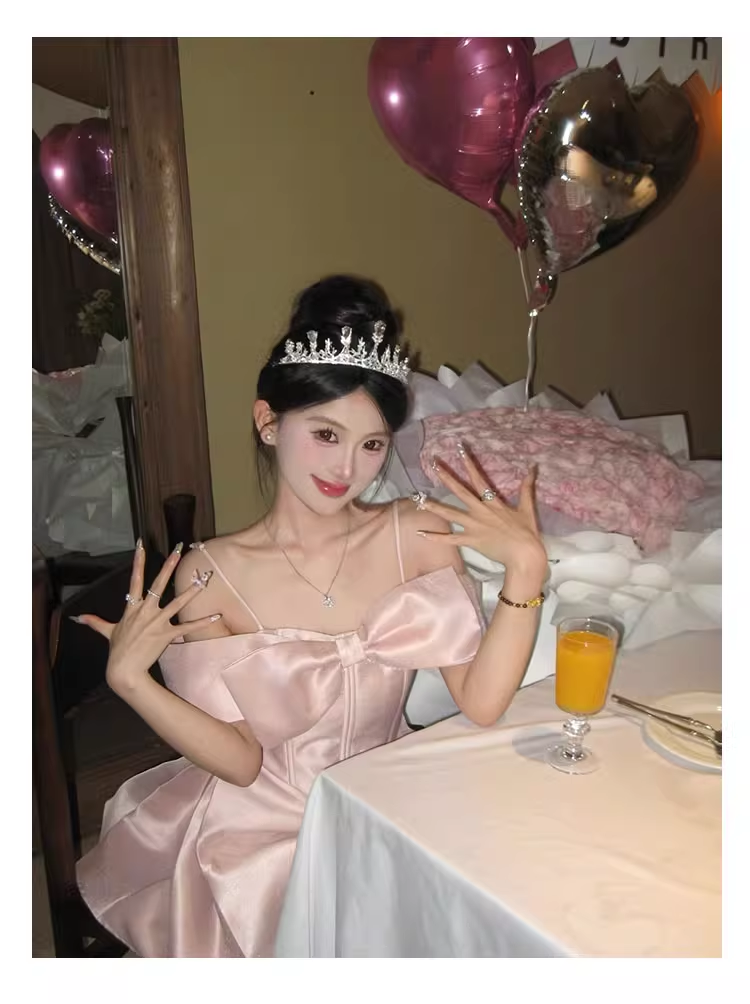 Pink Off The Shoulder Bow Short Dress Princess Puffy Dress YM1639 ymprom Pink Off The Shoulder Bow Short Dress Princess Puffy Dress YM1639 ymprom