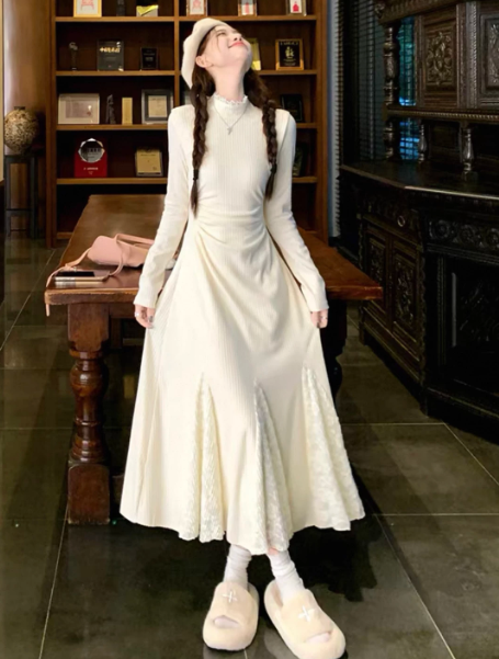 Clean White Lace Trim High Collar A-Line Maxi Women Dress Holiday Dress YM2743