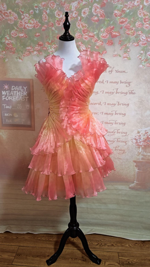 Charming Pink Spaghetti Strap Tulle Ruffled A Line Short Birthday Dress Party Dress YM2467
