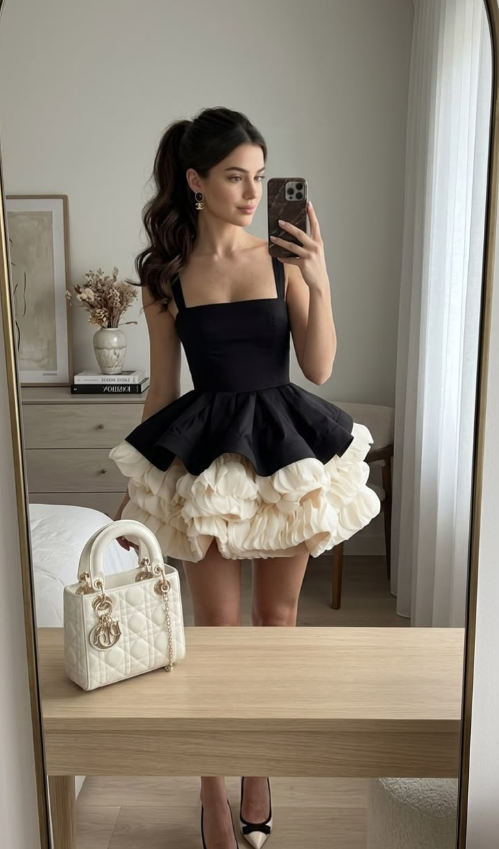 Pretty Black Tiered Puffy Spaghetti Straps A-Line Short Prom Dress Birthday Dress YM2539