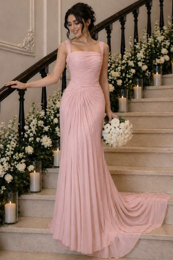 Stunning Blush Pink Chiffon Flowy Spaghetti Straps A-Line Long Prom Dress Birthday Dress YM2620