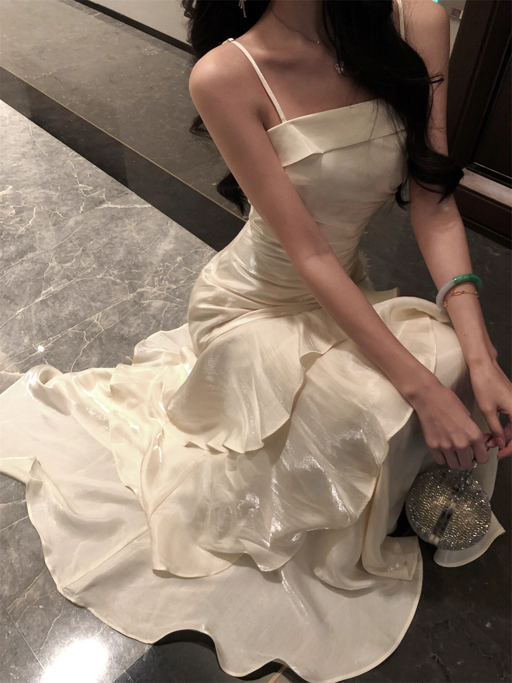 White Suspender Holiday Dress Ruffled Mermaid Long Birthday Dress YM2331