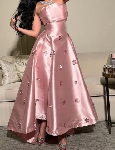 Stunning Pink Satin Silky Applique Spaghetti Straps A-Line Long Prom Dress Birthday Dress YM2621