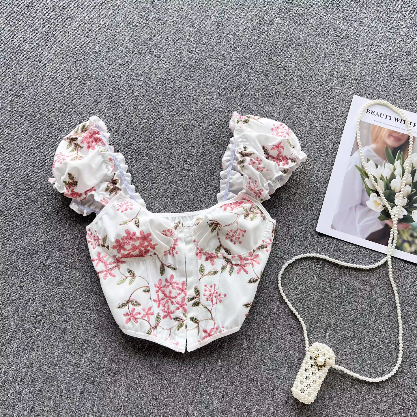 Summer holiday style lace-up back floral top YM288