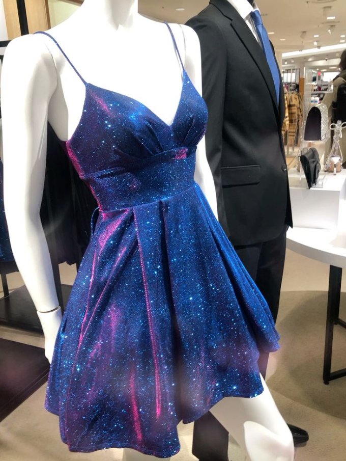 Sparkly Starry Gradient Spaghetti Straps A-Line Short Prom Dress Party Dress YM2504