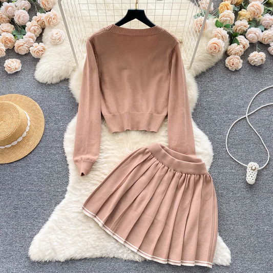 Autumn short knitted cardigan jacket pleated vocation dress two-piece set YM631