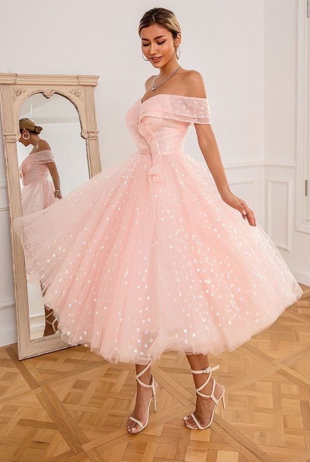 Stunning Blush Pink Tulle Puffy Bateau A-Line Long Prom Dress Holiday Dress YM2624