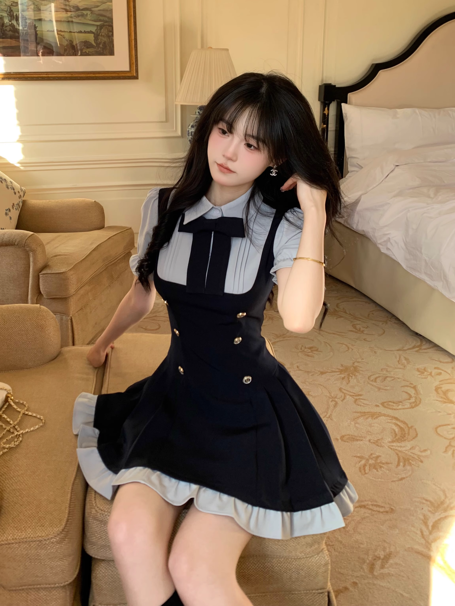 Preppy Style Fake Two-Piece Navy Blue Puff Sleeve Suspender Waist Party Dress YM2039