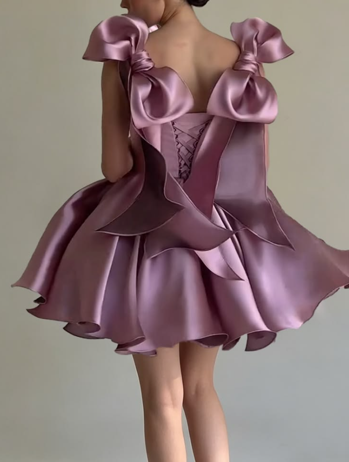 Pretty Dusty Pink Tiered Satin Spaghetti Straps A-Line Short Prom Dress Party Dress YM2555