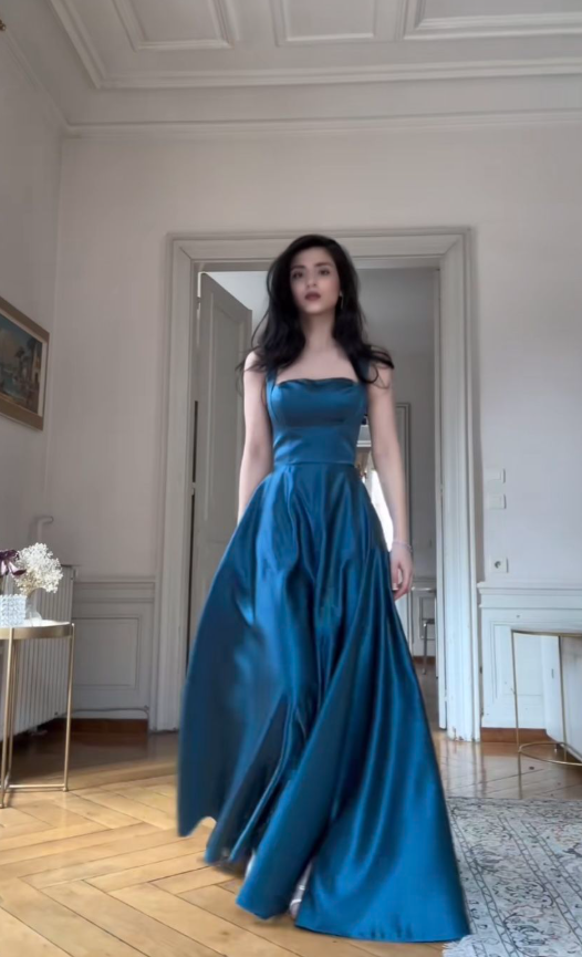 Stunning Baby Blue Satin Silky Spaghetti Straps A-Line Long Prom Dress Holiday Dress YM2625