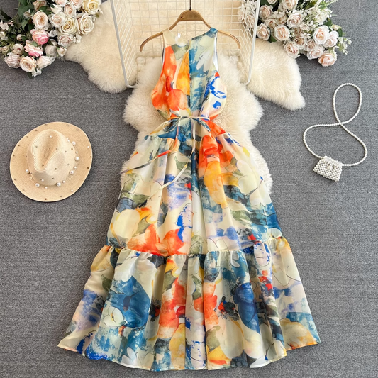 Sleeveless round neck a-line oil painting printing lotus leaf hem dress maxi dress YM301