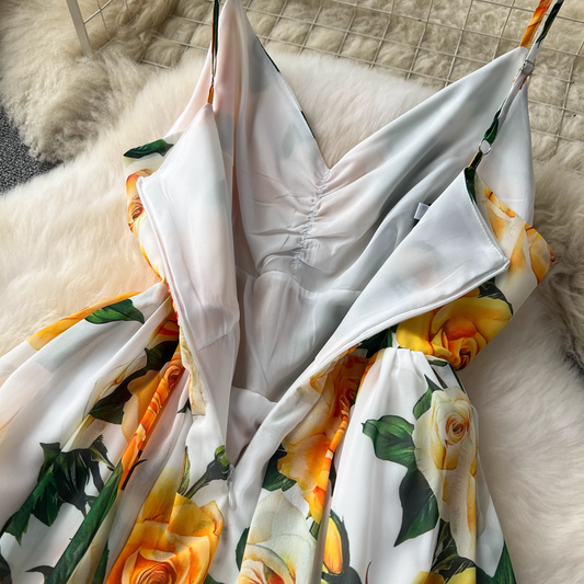 Summer new style French retro elegant printed suspender long dress YM1106
