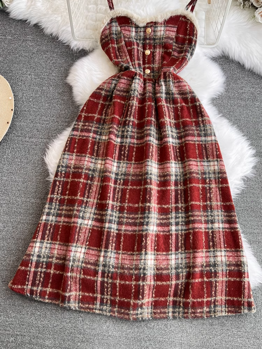 Autumn and winter fashionable Christmas and New Year red plaid fur stitching A-line suspender dress YM888
