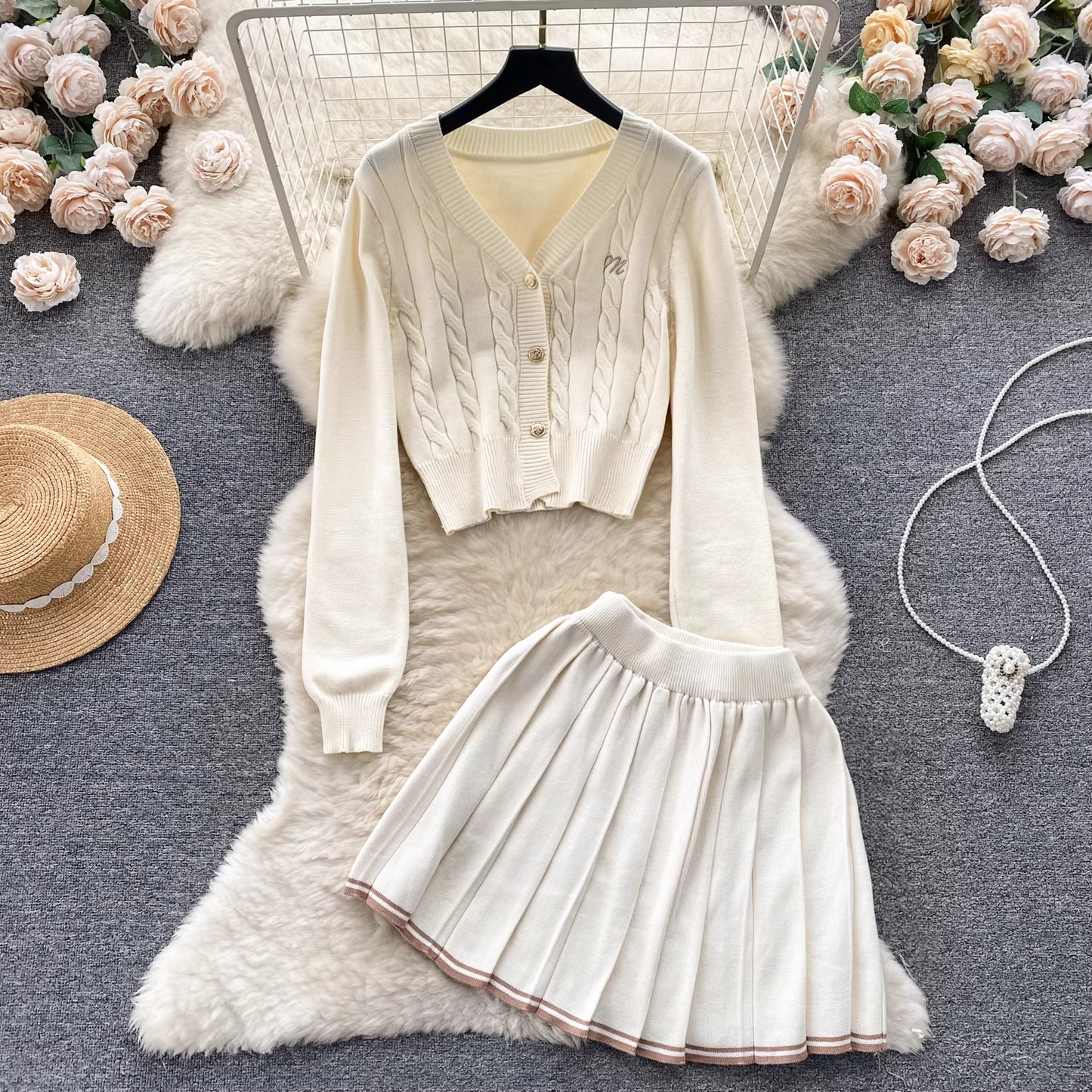 Autumn short knitted cardigan jacket pleated vocation dress two-piece set YM631