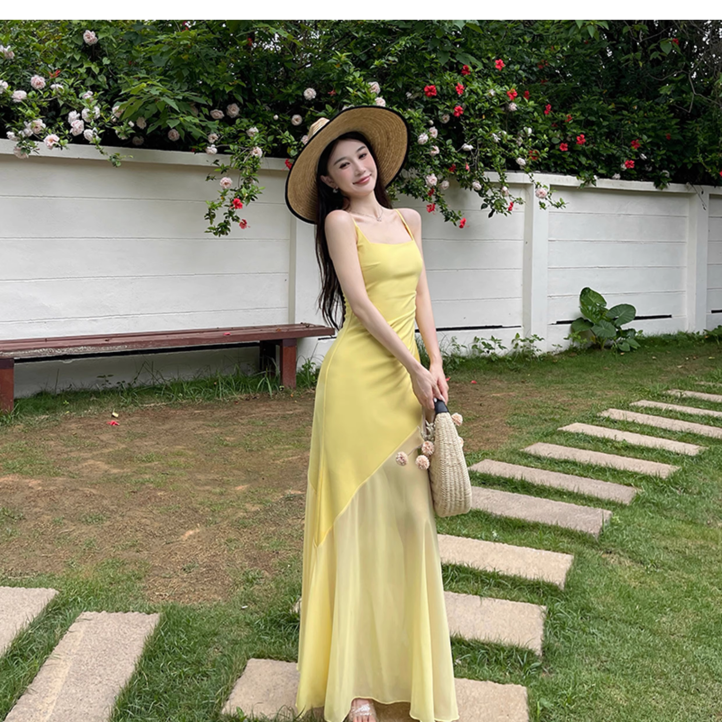 Sweet Spaghetti Straps Yellow Mermaid Long Vacation Dress Seaside Holiday Dress YM2250