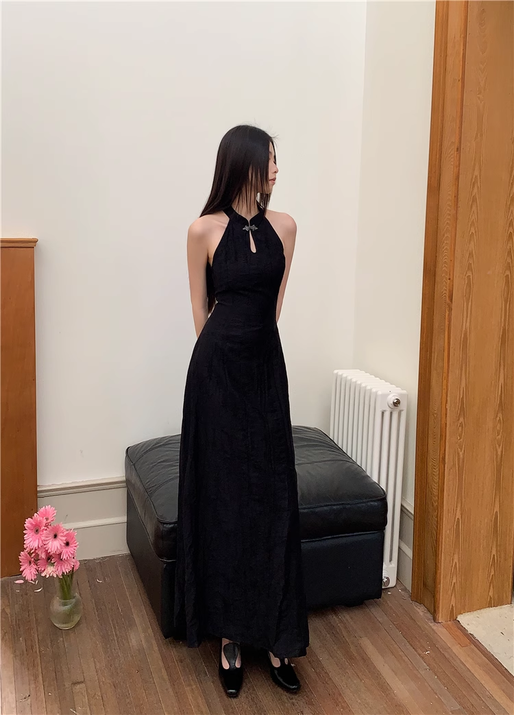 Halter Black Long Party Dress High-End A Line Sleeveless Prom Dress YM1798
