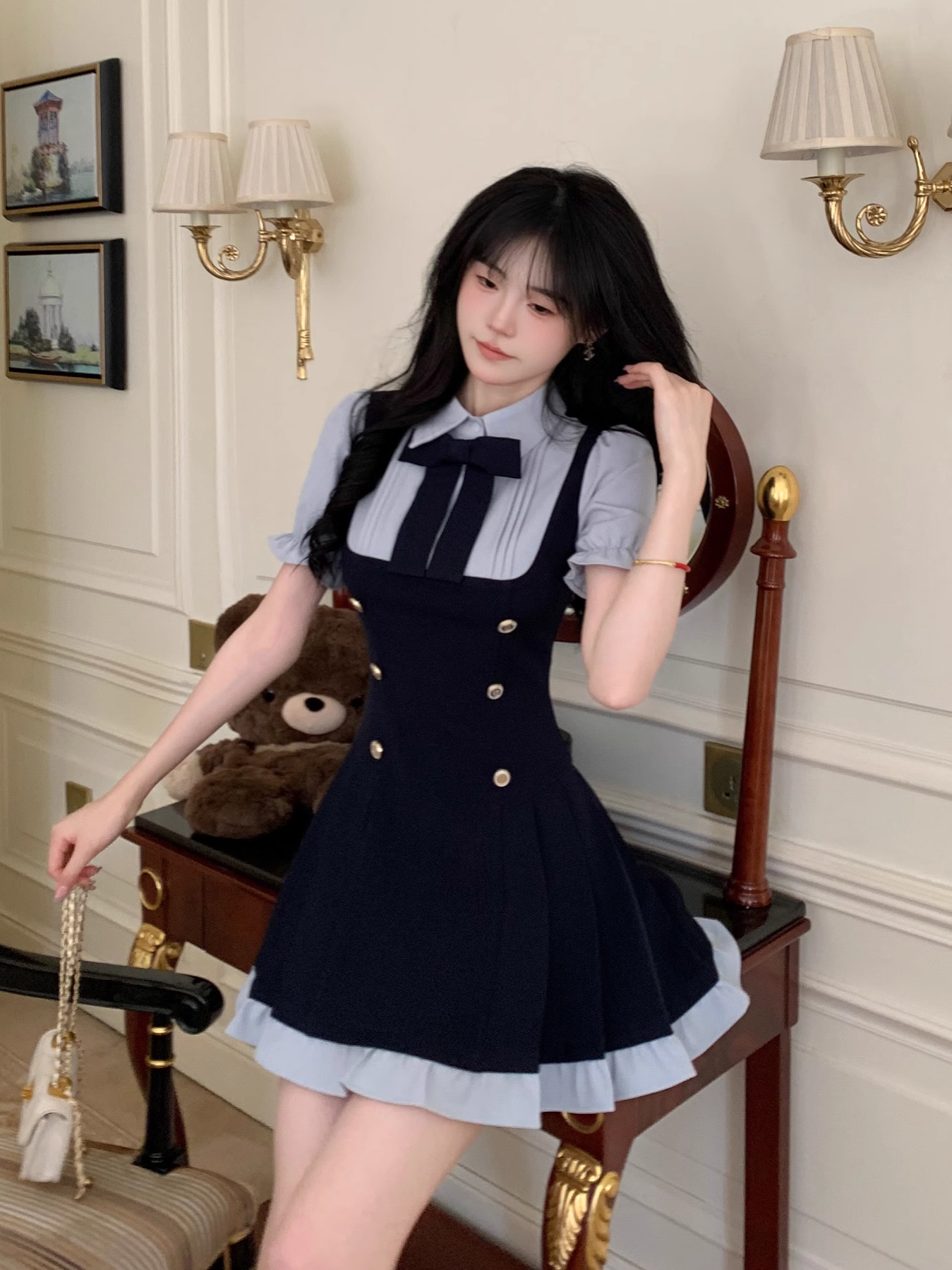 Preppy Style Fake Two-Piece Navy Blue Puff Sleeve Suspender Waist Party Dress YM2039