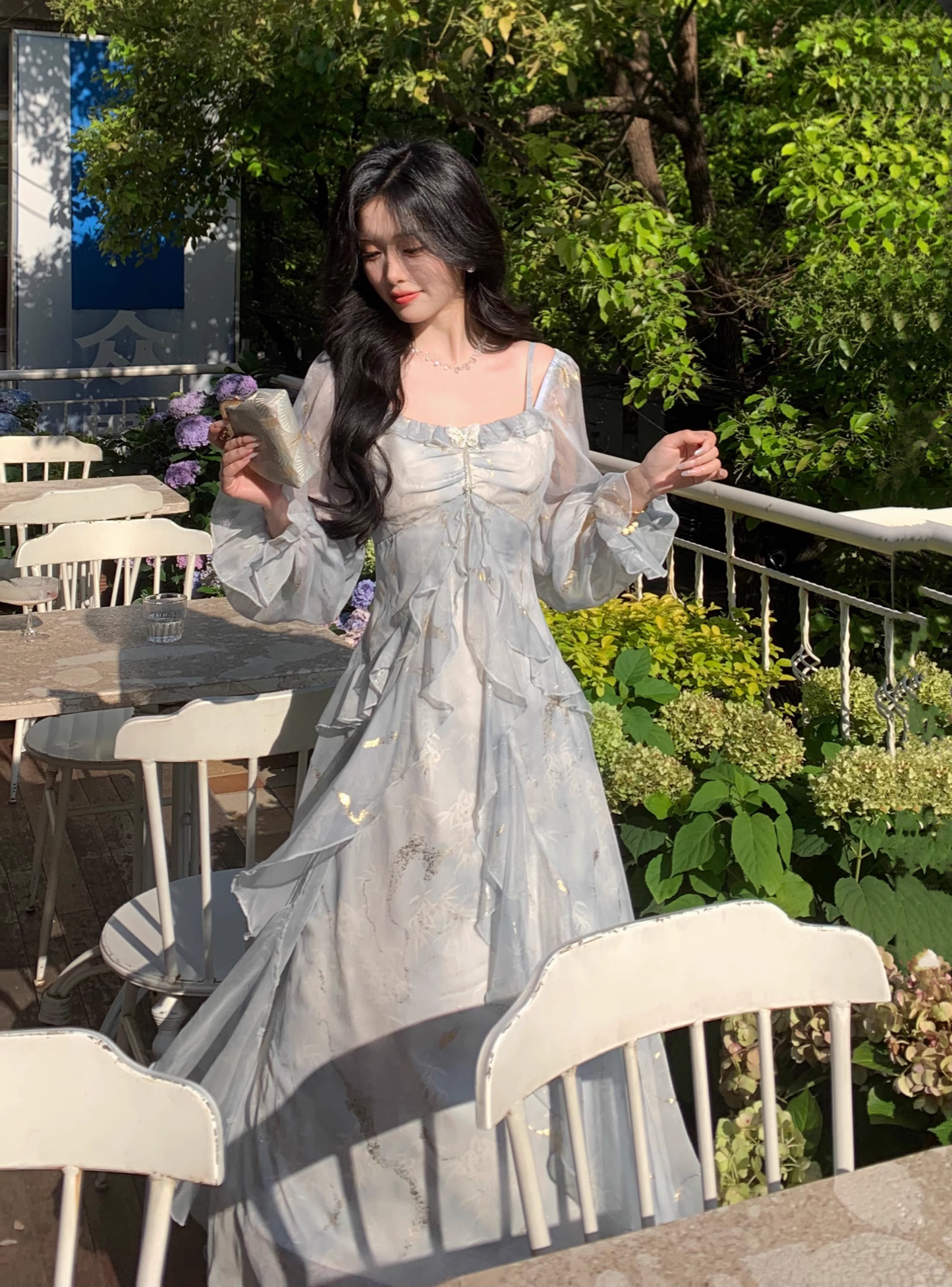 Blue Fairy-Like Ruffle Long-Sleeve Prom Dress Off The Shoulder Party Dress YM2042