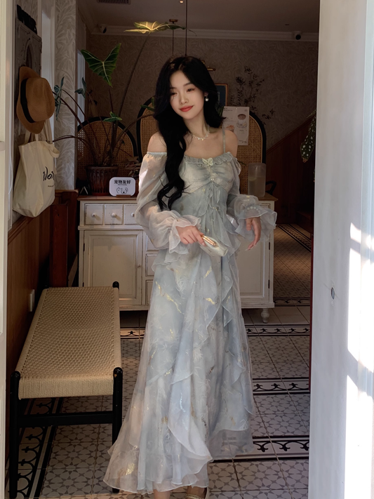 Blue Fairy-Like Ruffle Long-Sleeve Prom Dress Off The Shoulder Party Dress YM2042