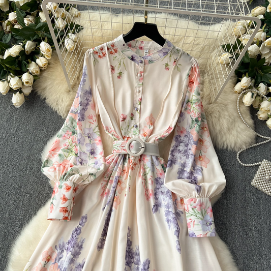 Retro elegant lantern long-sleeved waist printed dress YM1104
