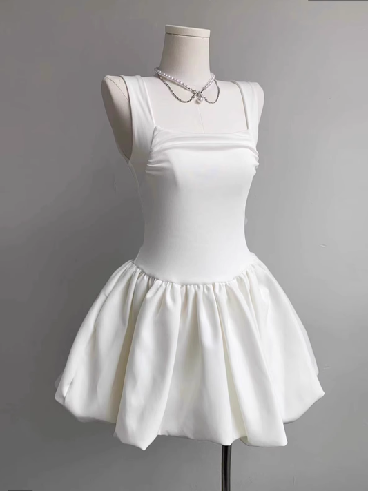 Sexy Sleeveless White Square Neck A Line Mini Party Dress Vacation Dress YM2123