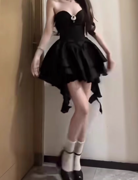 Black Strapless Straps Puffy Short Dress Birthday Princess Dress YM2127