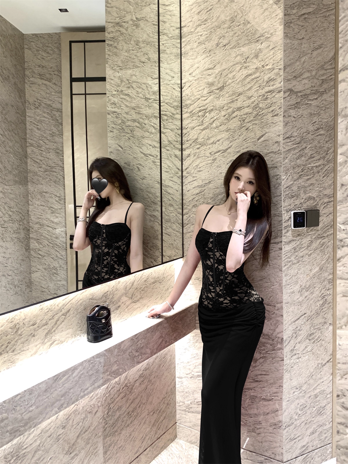 Sexy Black Lace Straps Long Party Dress Birthday Dress YM2172