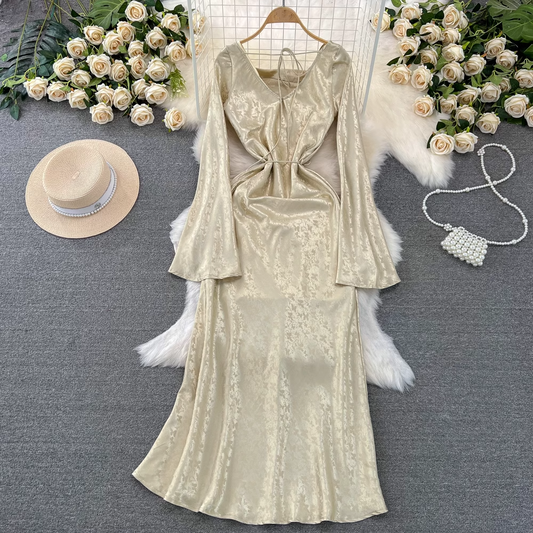 Flared long-sleeve V-neck mid-length a-line dress YM986