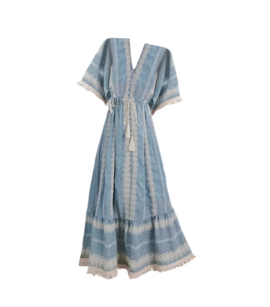 Bohemian Holiday Style Dress Blue V-neck Embroidered Beach Long Dress YM2313