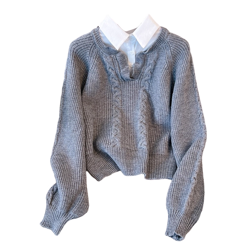 Brown Fake Two-piece Design Sweater Autumn Slim All-match Casual Top YM2299