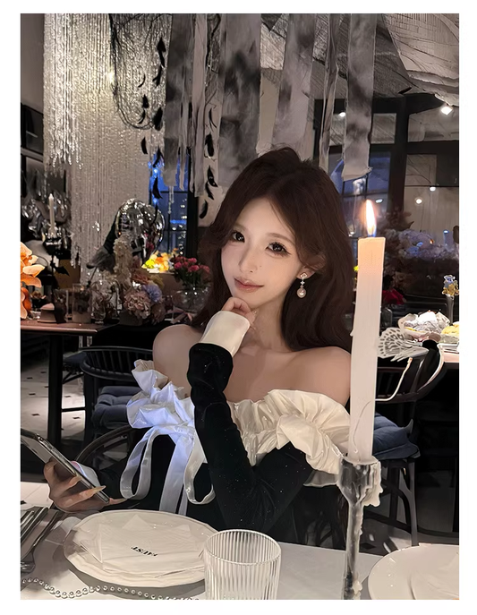 Off The Shoulder Pleated Dress Black Short Outfits YM1647