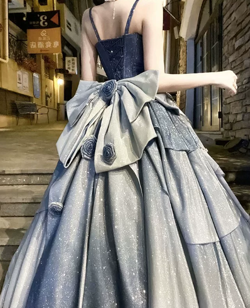 Gorgeous Navy Satin Glitter Puffy Spaghetti Straps A-line Long Prom Dress Birthday Dress Ball Gown YM2674