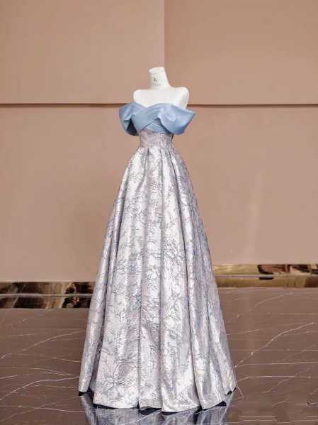 Fresh Sliver Printed Pattern Satin Strapless A-Line Long Prom Dress Birthday Dress Ball Gown YM2646