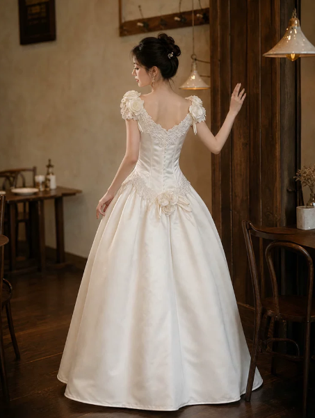 Charming White Embroidered Silky Square-neck A-Line Long Prom Dress Birthday Dress YM2588