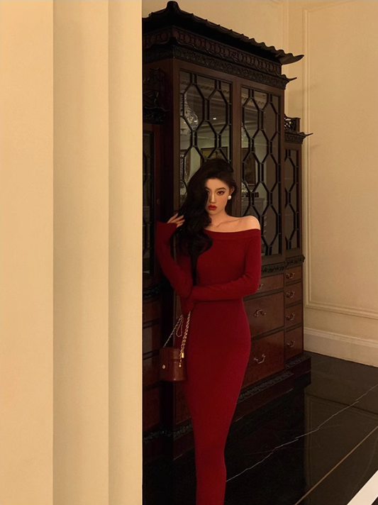 Red Off Shoulder Knit Dress Party Dress YM1669