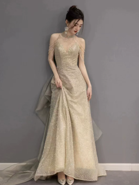 Glitter Champagne Tulle Beading Halter A-Line Long Prom Dress Birthday Dress Ball Gown YM2647